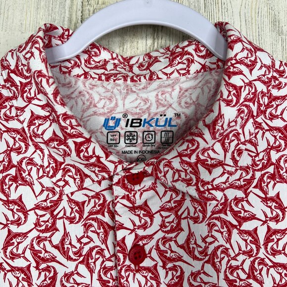 IBKUL Mens Polo Shirt XXL Short Sleeve Fish Marlin Print Geometric Stretch Red - Picture 3 of 8